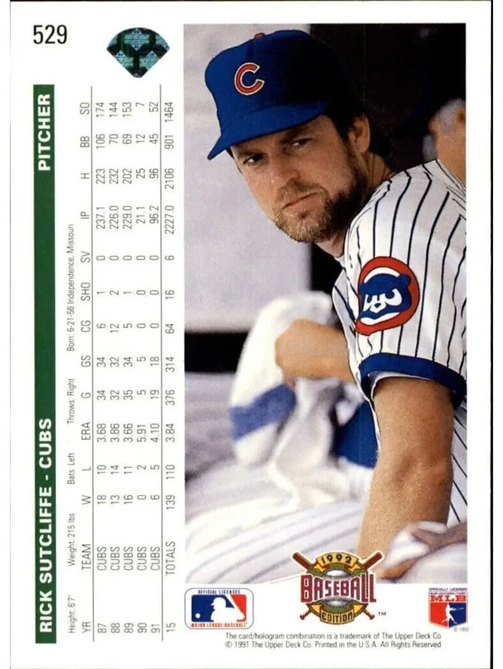 Rick Sutcliffe 1992 Upper Deck MLB #529 Baseball Card Chicago Cubs